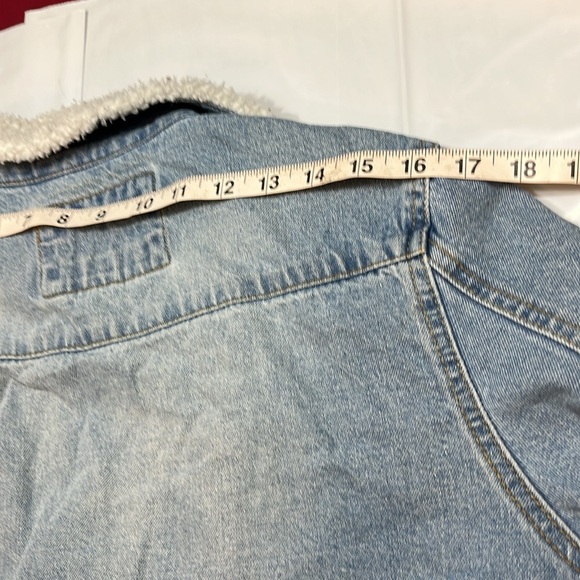 90s blue Jean button jacket white Sherpa fleece collar cropped womens trucker 2X - Picture 11 of 13